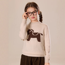 新年红卡通小马提花圆领山羊绒针织衫减龄长袖套头男女童羊毛打底