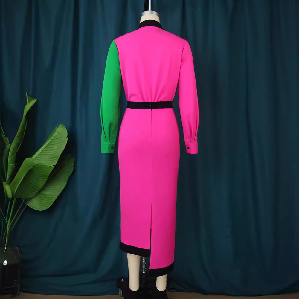 Abbigliamento da donna AM221142 vestito a maniche lunghe abbinato al colore Piccolo vestito asimmetrico con gonna a vita alta e personalità a contrasto di colore_voghion.com