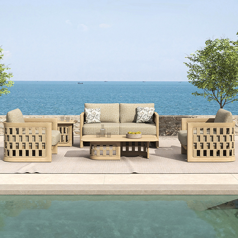 Sofá al aire libre patio villa jardín al aire libre impermeable protección solar combinación de madera maciza balcón simple ocio muebles de caña