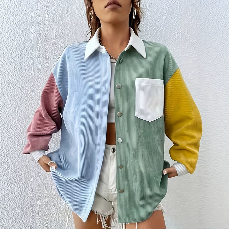 Cross-border Amazon Best-Selling Women's Clothing: Color-Block 3D Print Long-Sleeve Fashion Casual Corduroy Fabric Shirt
