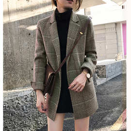 2026韩国新款格纹西服chic复古宽松中长款格子小西装修身外套女