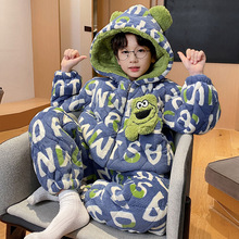儿童珊瑚绒保暖男童睡衣冬季三层夹棉加绒加厚中大童家居服法兰绒