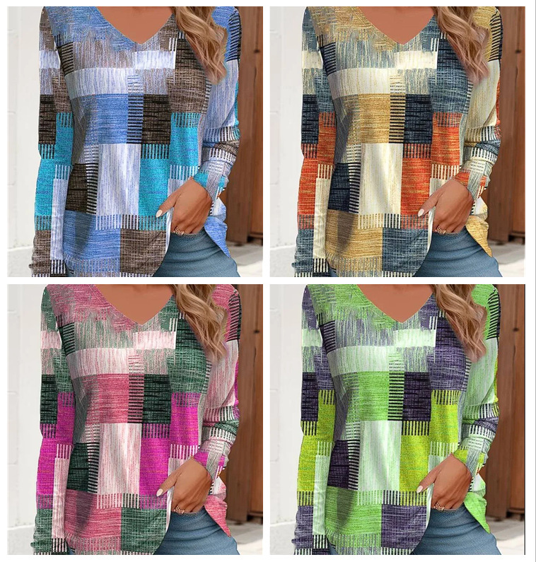 Amazon independent station wish2023 autumn and winter loose long sleeve geometric pattern 3D digital printing V-neck holiday T-shirt