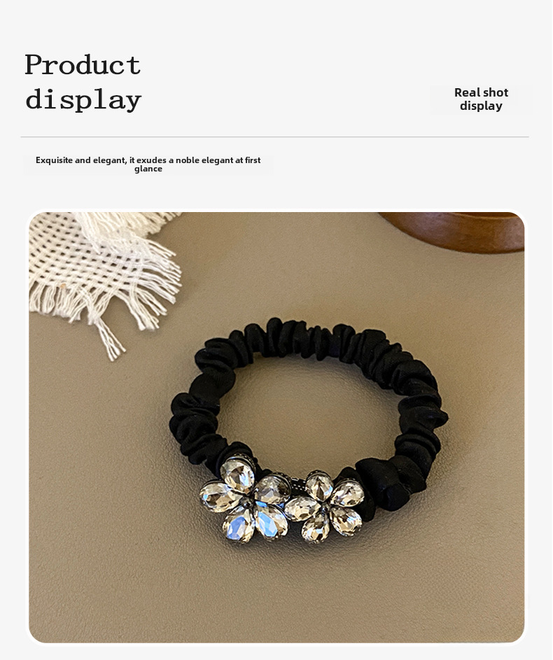 Black Satin Flower Crystal Headband With Rhinestone Side Clip_voghion.com
