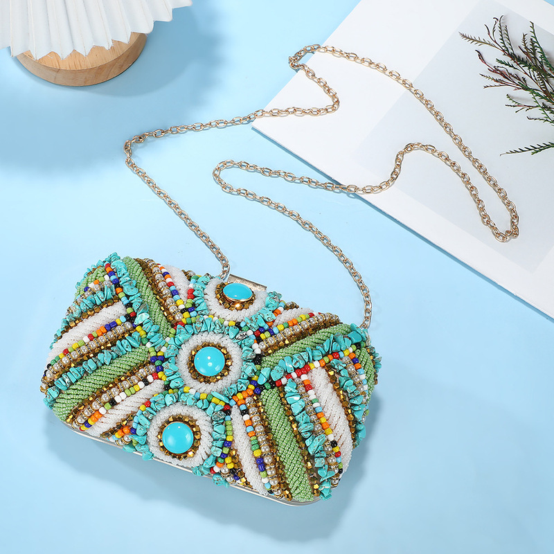 Cross-border colorful bead inlaid gemstone evening bag, women's fashion handbag, banquet clutch bag, party dress evening bag