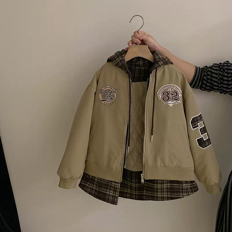 女童美式复古假两件连帽加厚上衣2025秋冬新款儿童假两件夹棉外套