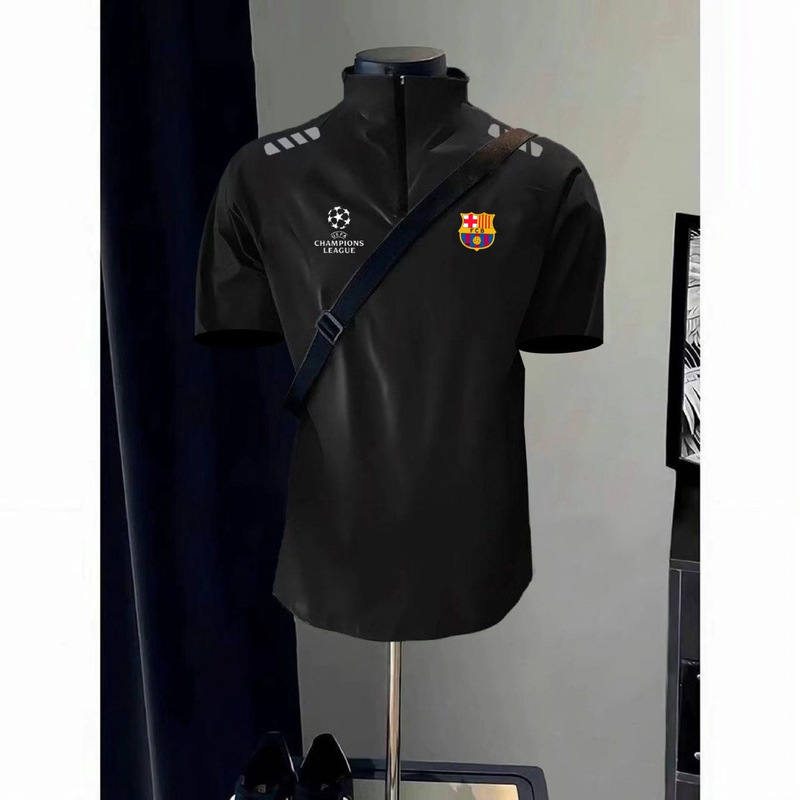 Barcelona Football Sports Quick-Drying Short-Sleeved Training Clothes Men's Summer New Stand-Up Collar Half-Zip Breathable Thin T-Shirt