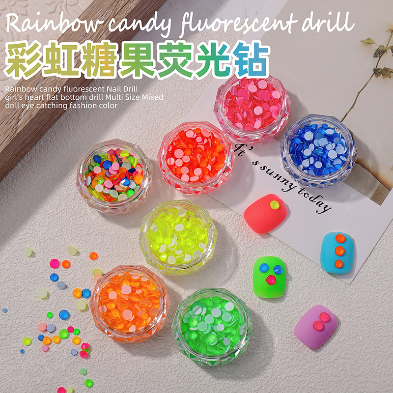 Super Flash diamante plano Arco Iris macaron 7 colores mezclados Manicura verano joyería diamante fluorescente luminoso color mágico caramelo