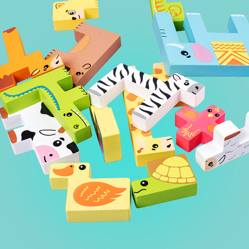 Wooden children's educational Tetris toys wholesale wooden early education three-dimensional shape animal large building block puzzles