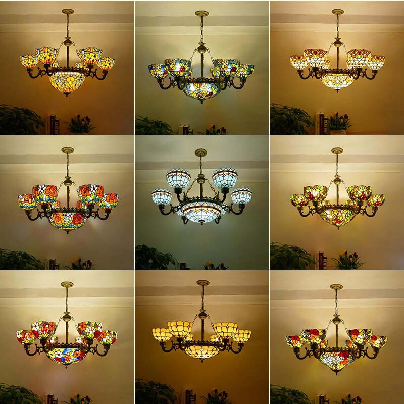 Amazon Tiffany European-style cozy living room villa hotel living room dining room decoration retro glass chandelier Amazon Tiffany European-style cozy living room villa hotel living room dining room decoration retro glass chandelier