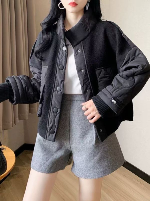 设计感拼接棉服毛衣外套2025秋冬新款韩版宽松短款休闲针织开衫女|undefined