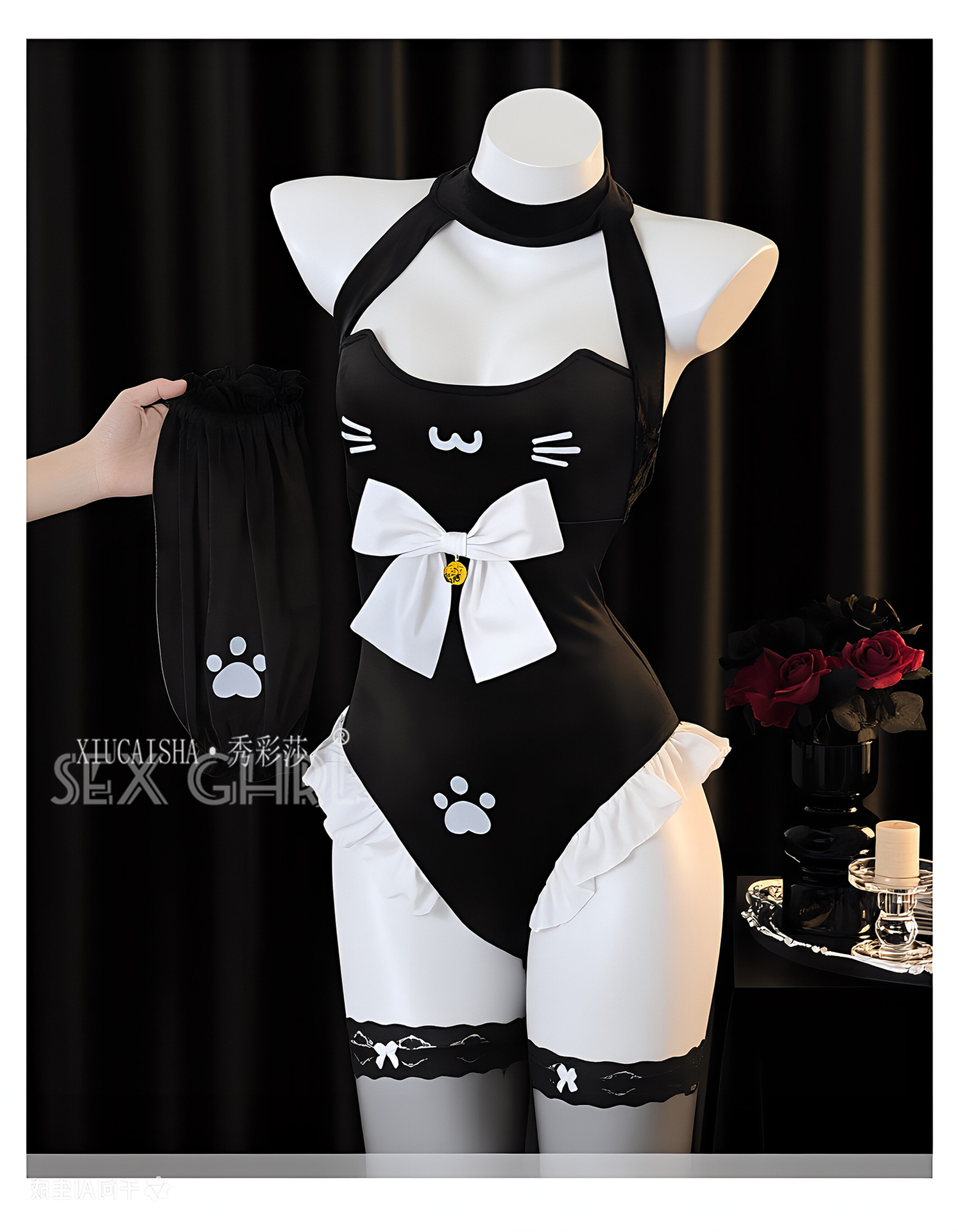 Maid Roleplay Bodysuit Lingerie Set with Headpiece, Black Polyester, One Size — detail image 8