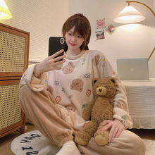 睡衣女冬季法兰绒甜美可爱韩版束扣珊瑚绒保暖春秋加绒家居服套装