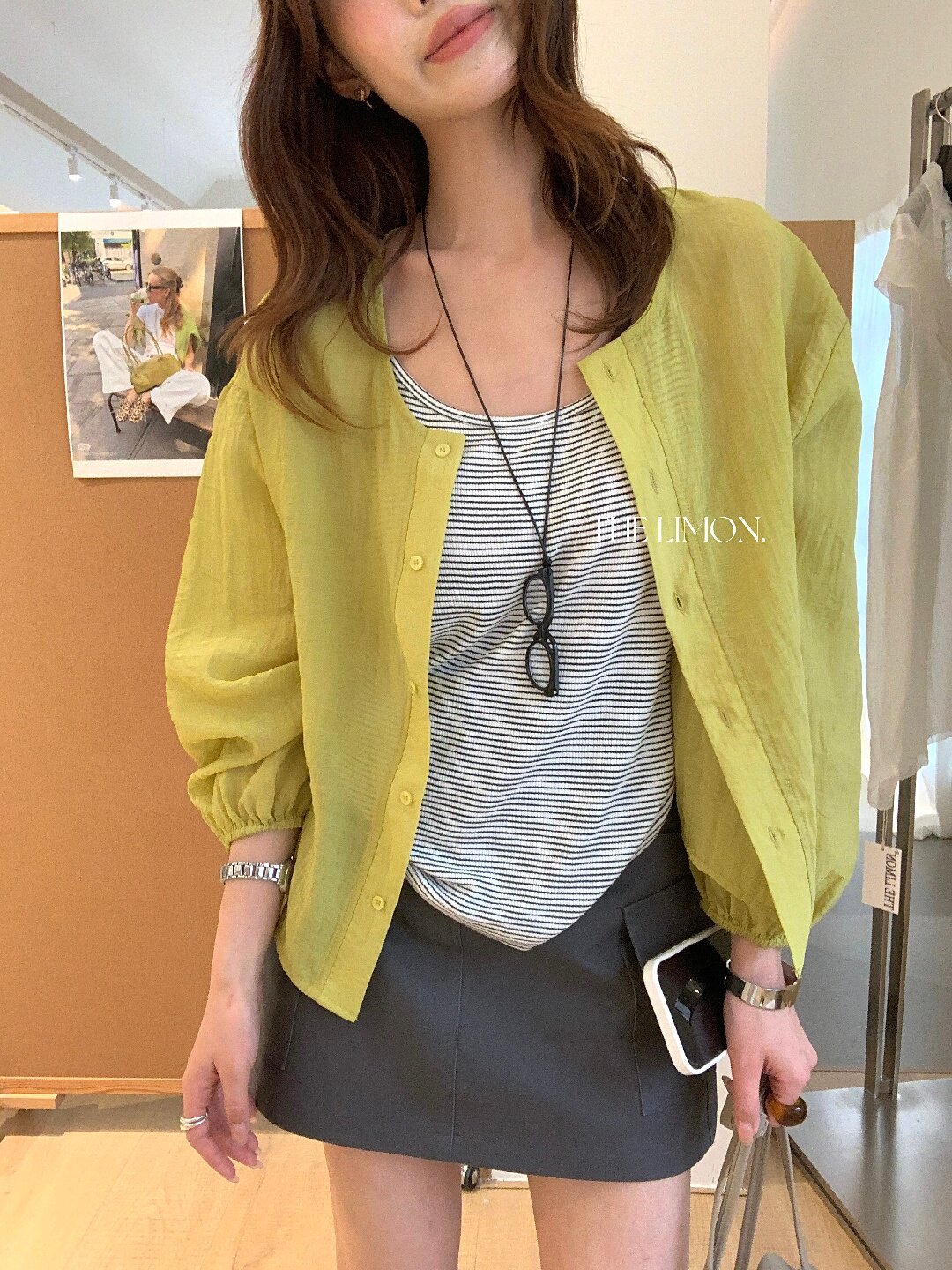 Áo chống nắng dáng dài tay ngắn kèm áo sọc trong hai mảnh nữ — xanh lam, bạc hà xanh, xanh mù tạt, màu trắng chi tiết 61
