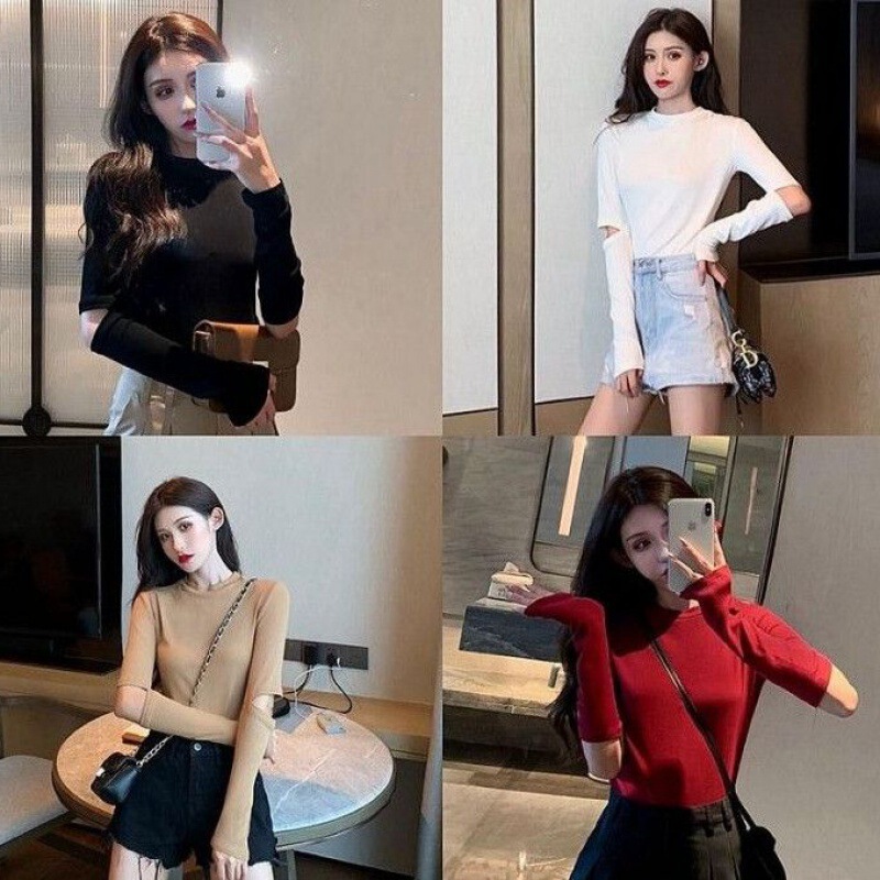 Hong Kong Style Long-sleeved Shirt Women's Slim-fit Inner Base Shirt Tight Design Top with Hole