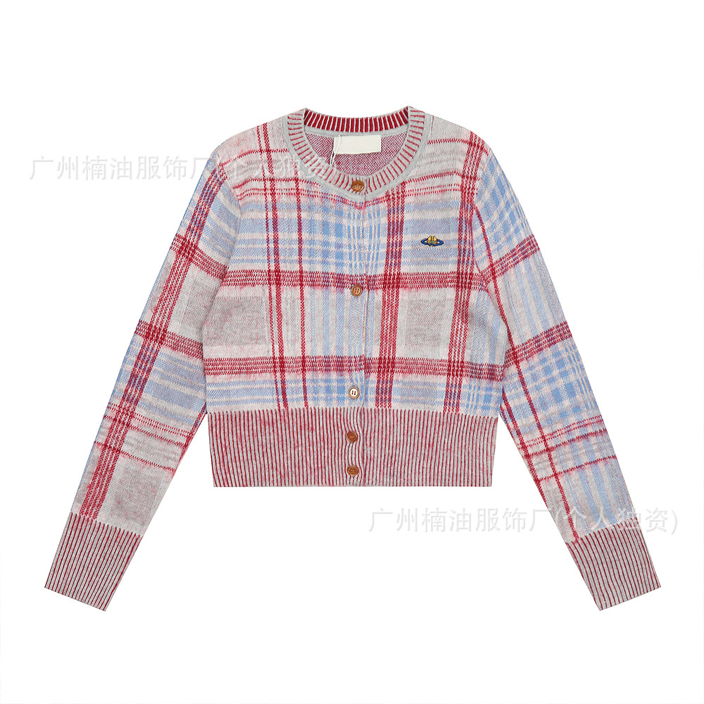 高品质vivi西太后针织衫土星刺绣红色格纹复古气质女毛衣开衫上衣