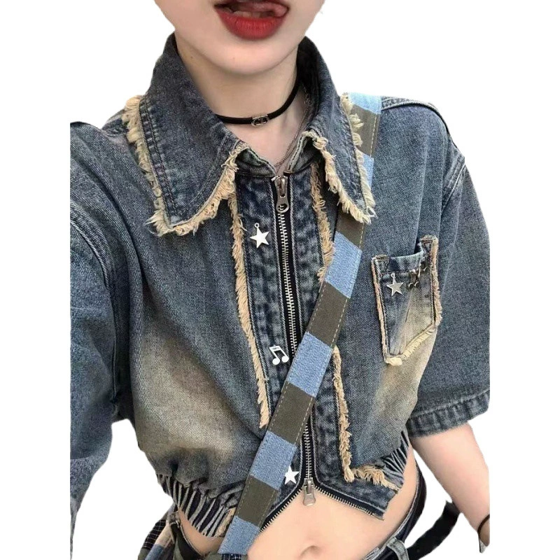 Retro short denim autumn thin jacket, with short sleeve