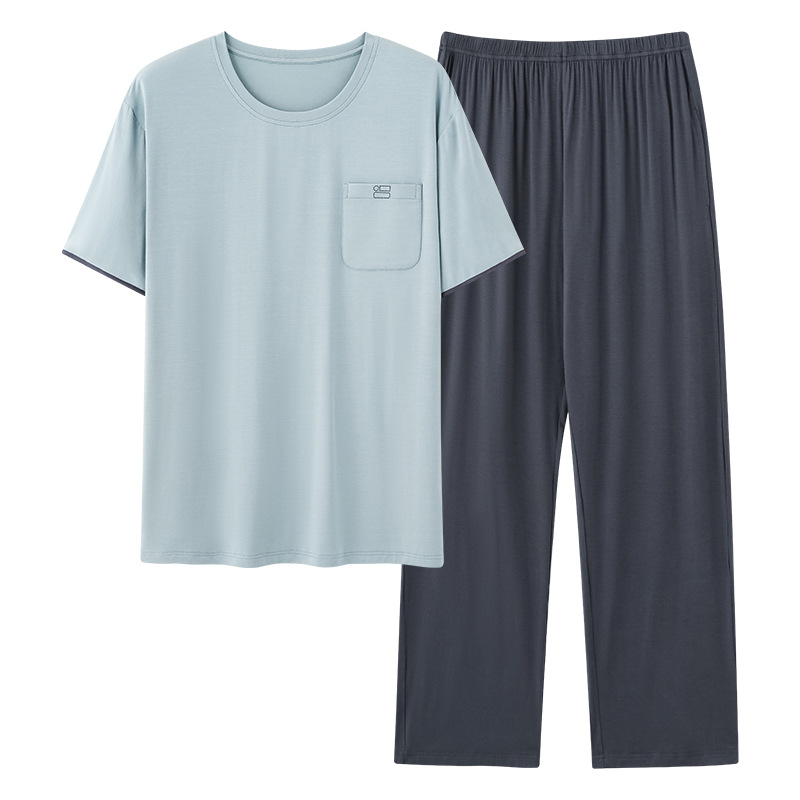 モーダルパジャマ男性夏の薄い氷糸半袖ズボン2点セットの大きいサイズの丸首カバーの家庭服