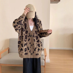 欧货跨境豹纹毛衣女韩版秋冬宽松针织开衫长毛羊驼高级感显瘦女装