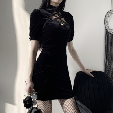 暗黑系性感镂空改良旗袍女新款显瘦高腰绒面短款连衣裙潮一件代发