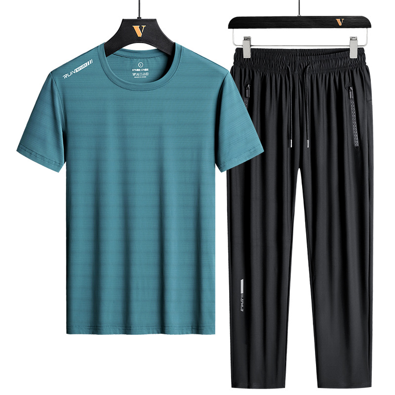 Traje deportivo de seda de hielo para hombres ropa de correr juvenil Verano de secado rápido casual Camiseta de manga corta Pantalones deportes traje de dos piezas