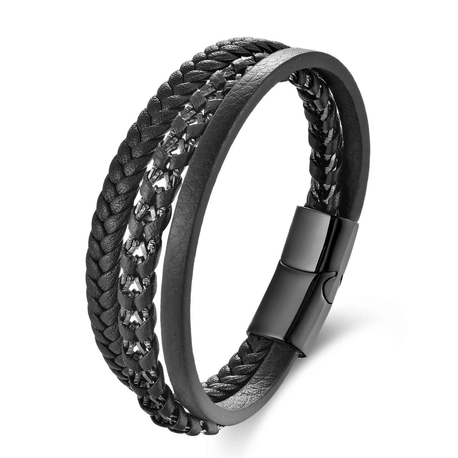 Woven Chain Chain Type Retro Punk 316L Stainless Steel Pu Leather Geometric Woven Chain Men Cord & Leather Bracelets