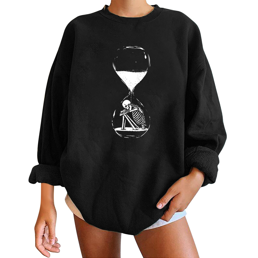 Halloween Sanduhr Skelett Fleece Rundhals Pullover Tropfen Schulter Langarm Herbst/Winter Warm Top Unisex_voghion.com