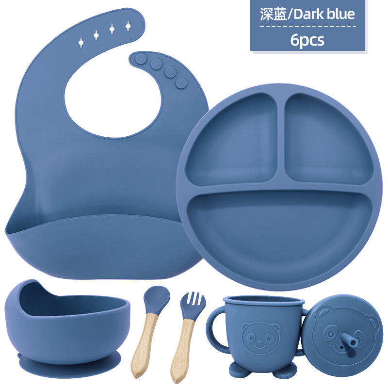 Juego de seis piezas de vajilla de silicona para niños, vajilla de alimentación para bebés para niños, tenedor, cuchara, ventosa, bolsa de arroz, taza de agua