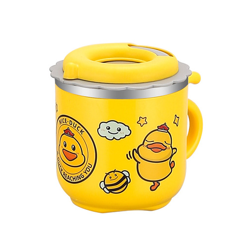 304 stainless steel water cup with straw, kindergarten cup, double layer cute children's milk cup, little yellow duck gift