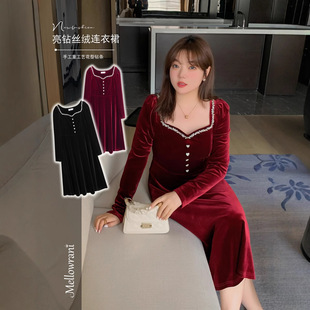K2229 Plus Size Women's French Retro Square Collar Bright Diamond Slightly Fat Red Bridal Velvet Fat Sister Dress