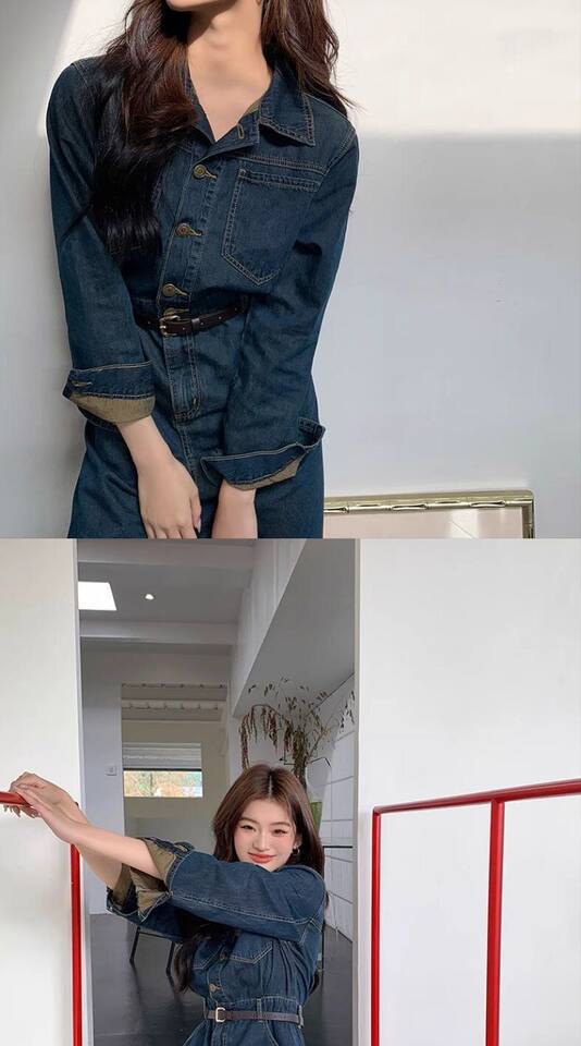 Đầm denim nữ dáng chữ A cổ polo tay dài chiết eo phong cách retro — Váy ngắn denim xanh chi tiết 6
