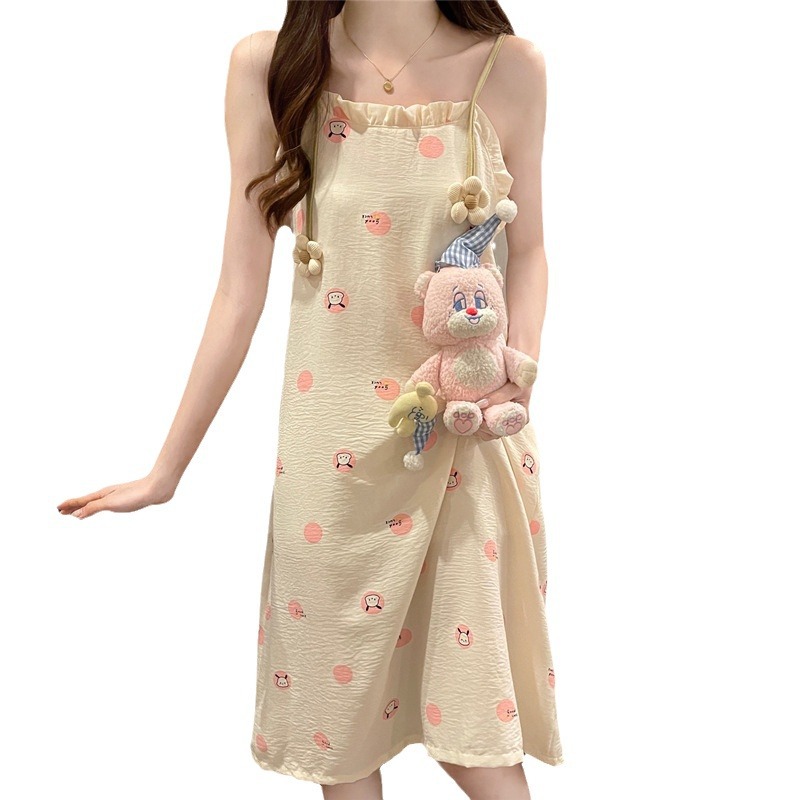 Pijamas de verano de flores pequeñas nubes de algodón tela arrugada dulce princesa viento vestido de verano pijama vestido de mujer