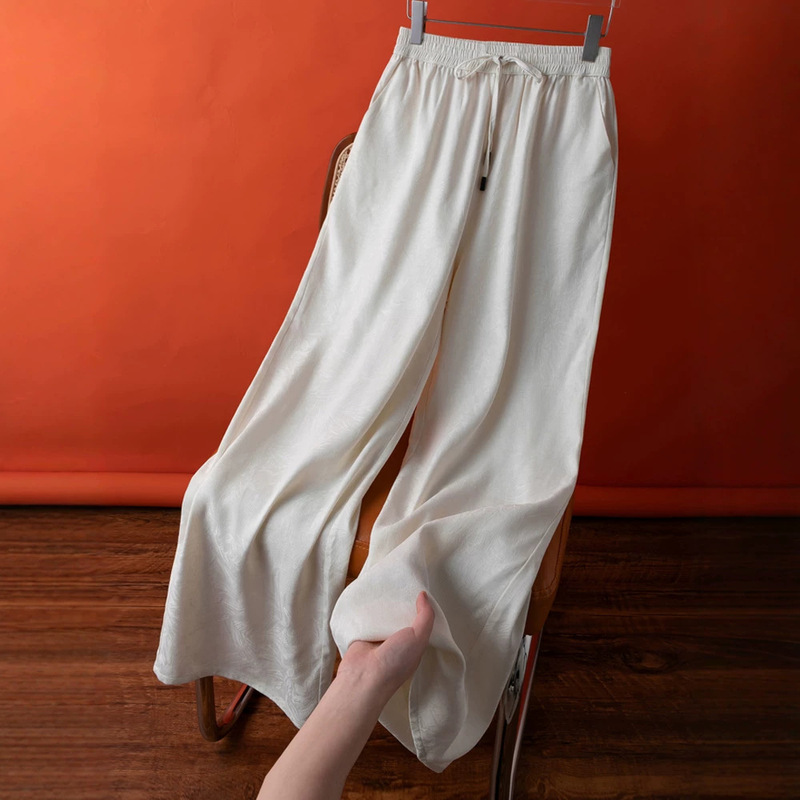 2025 Summer Thick Heavy Silk Elastic Waist Casual Long Pants Rock White Straight Wide-Leg Pants for Women 2025 Summer Thick Heavy Silk Elastic Waist Casual Long Pants Rock White Straight Wide-Leg Pants for Women