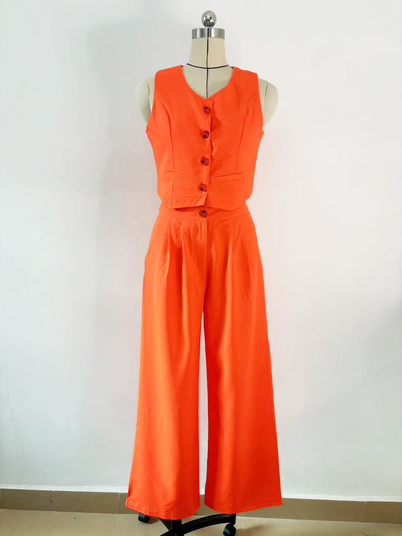 420g Weight Sleeveless Sleeve Length Spandex, Polyester Fabric Type Pant Co-ord Set Sets Type 2 Pieces Set Quantity Daily Occasion U Neck Neckline Regular Fit Fit Type Solid Color Pattern Summer Season Women's Gender Button Design Streetwear Style Daily Women's Streetwear Solid Color Spandex Polyester Button Pant Co-ord Set Pants Sets 5