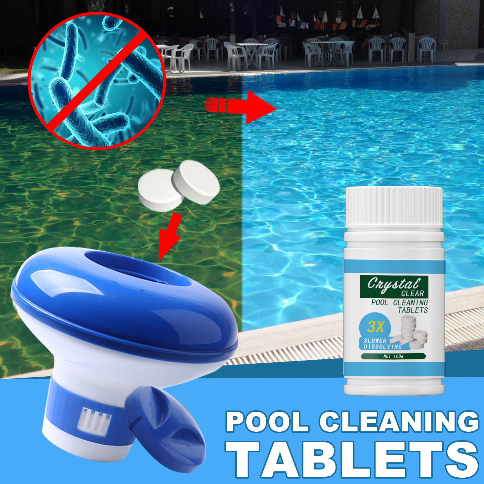 Swimming Pool Bubble Cleaning Tablet Set Multi-functional Cleaning Tablets Rapid Dissolving Cleaning Water Quality Purification Dosage Dispenser