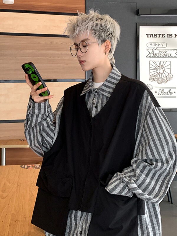 Fake Two-piece Striped Shirt Men's 2024 Autumn New Japanese Retro Trendy Brand Workwear Vest Long-sleeved Shirt Jacket