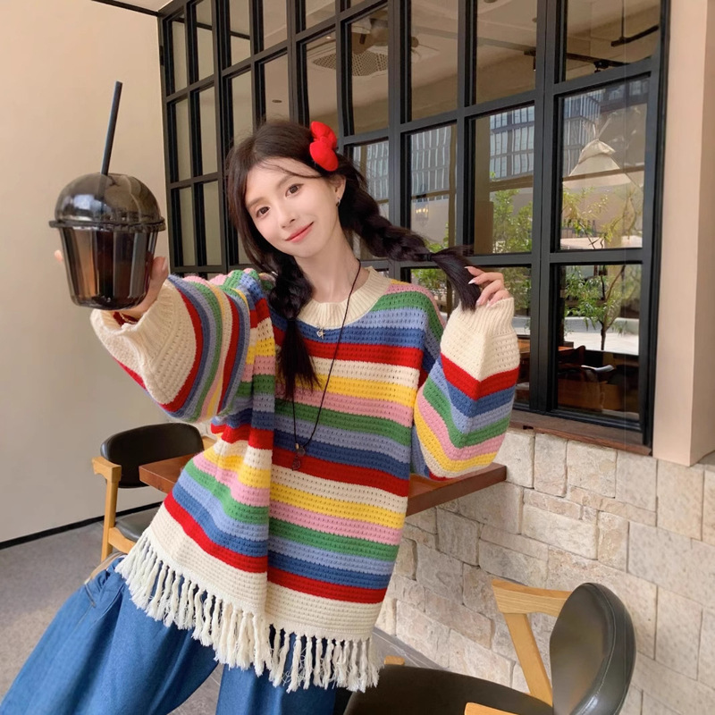 New plus size Loose Knitted Sweater Women's Long-sleeved Autumn and Winter Niche Tassel Rainbow Striped Pullover Top Round Neck