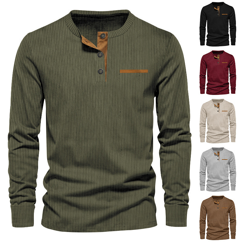 T-shirt Henley Homme En Velours Côtelé (corduroy) - Couleur Unie - Grandes Tailles - Coupe Décontractée - Polycoton