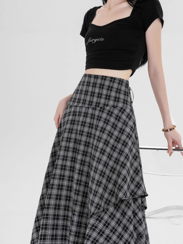 女性用ブラックグレーチェック柄スカート、夏デザイン、不規則なAラインミドル丈スカート、小柄な気質のチェック柄スカート|undefined