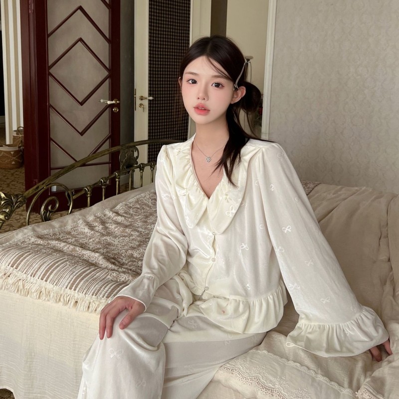 金丝绒秋季新款提花睡衣女日系甜美长袖宫廷风加厚家居服小香风|undefined