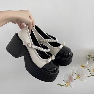 High Heel Mary Jane Shoes Women's 2024 Summer New Retro Round Toe Bow Pearl Thick Bottom Thick Heel JK Small Leather Shoes