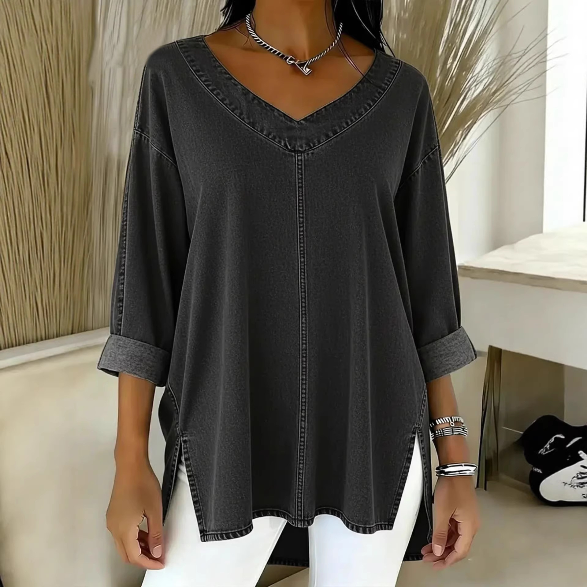 Women's Street Style Denim Long Sleeve Shirt, Classic Blue & Black Washed Cotton Jacket For Casual Layering_ecoleips.com