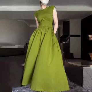 夏季绿色连衣裙气质御姐风收腰显瘦减龄漂亮洋气裙子女小众设计感