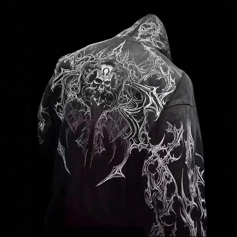 Breathedivinity American Trendy Brand Zip-Up Sweatshirt Autumn and Winter Dark Style Skull Print Hooded Cardigan