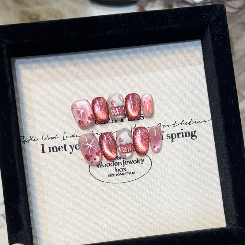 Christmas Wearing Nail Pieces Short Handmade Cute Pink Cat's Eye Small Cake Bow Love Manicure Removable