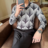 跨境新款男士翻领免烫长袖衬衫潮流数码印花款休闲时尚衬衣3009，男装衬衫，乐天大叔的衬衫铺