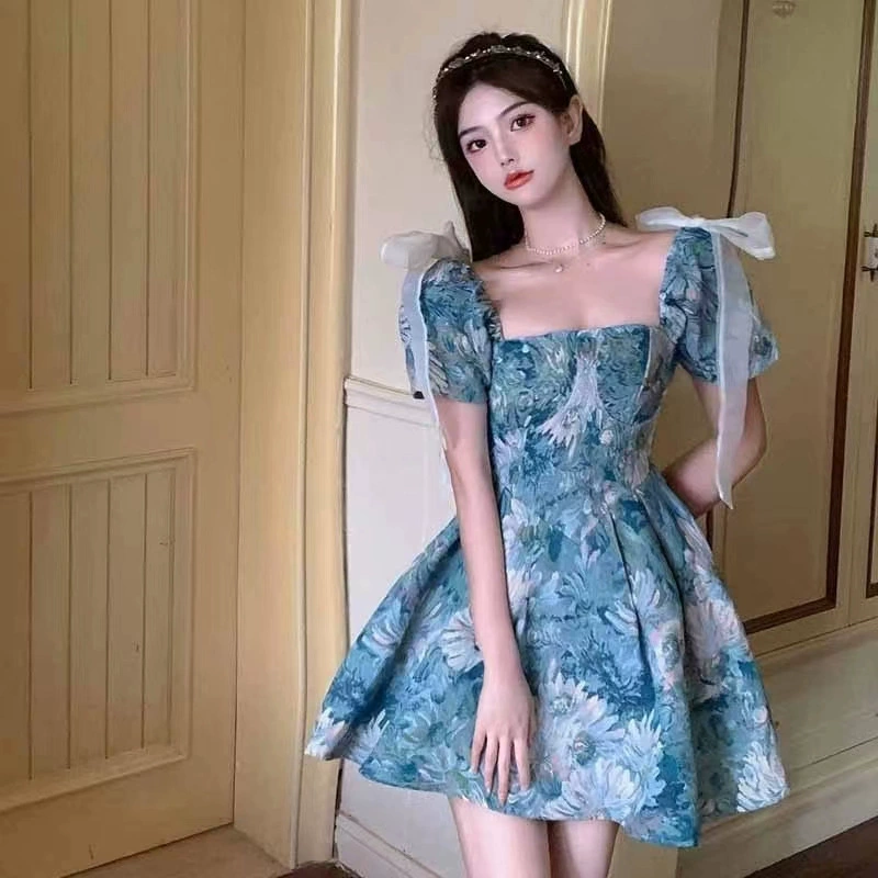 Моне сад Картина маслом стиль платье женское лето новый дизайн чувство Дворцовый стиль элегантный талии пышным рукавом юбка