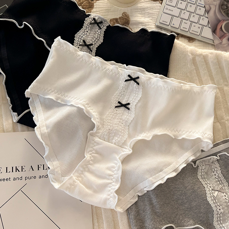 大码宫廷风蝴蝶结中腰格子木耳边女士亲肤内裤女生纯棉裆三角裤