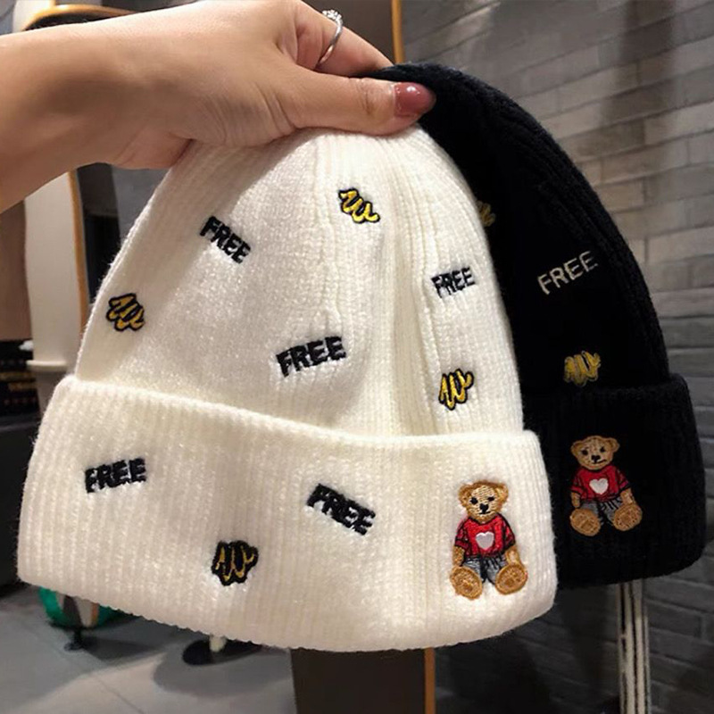 秋冬新款男童女童毛线帽可爱宝宝刺绣针织帽保暖防寒甜美护耳毛线