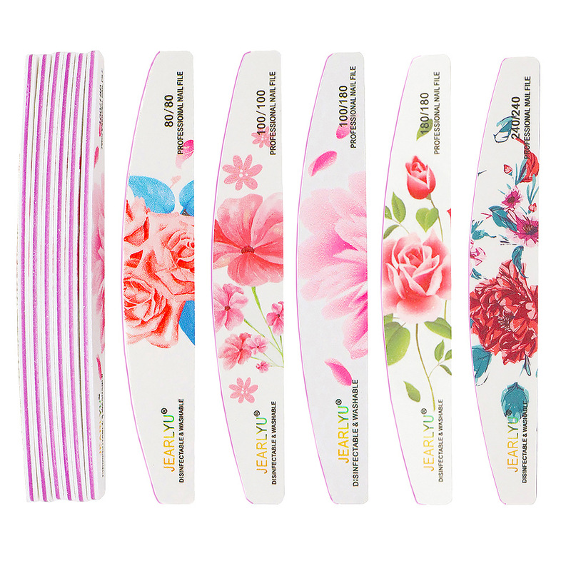 High-end white sand half-moon nail file with large floral design, double-sided, washable, for nail shaping and manicuring High-end white sand half-moon nail file with large floral design, double-sided, washable, for nail shaping and manicuring